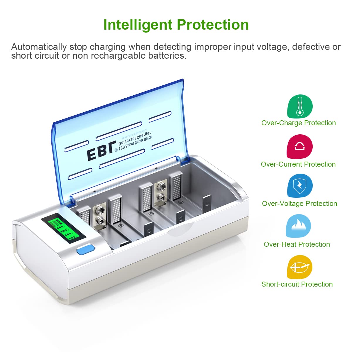 smart battery charger itelligent protection( over charger, over current, over voltage, over heat, short circuit)