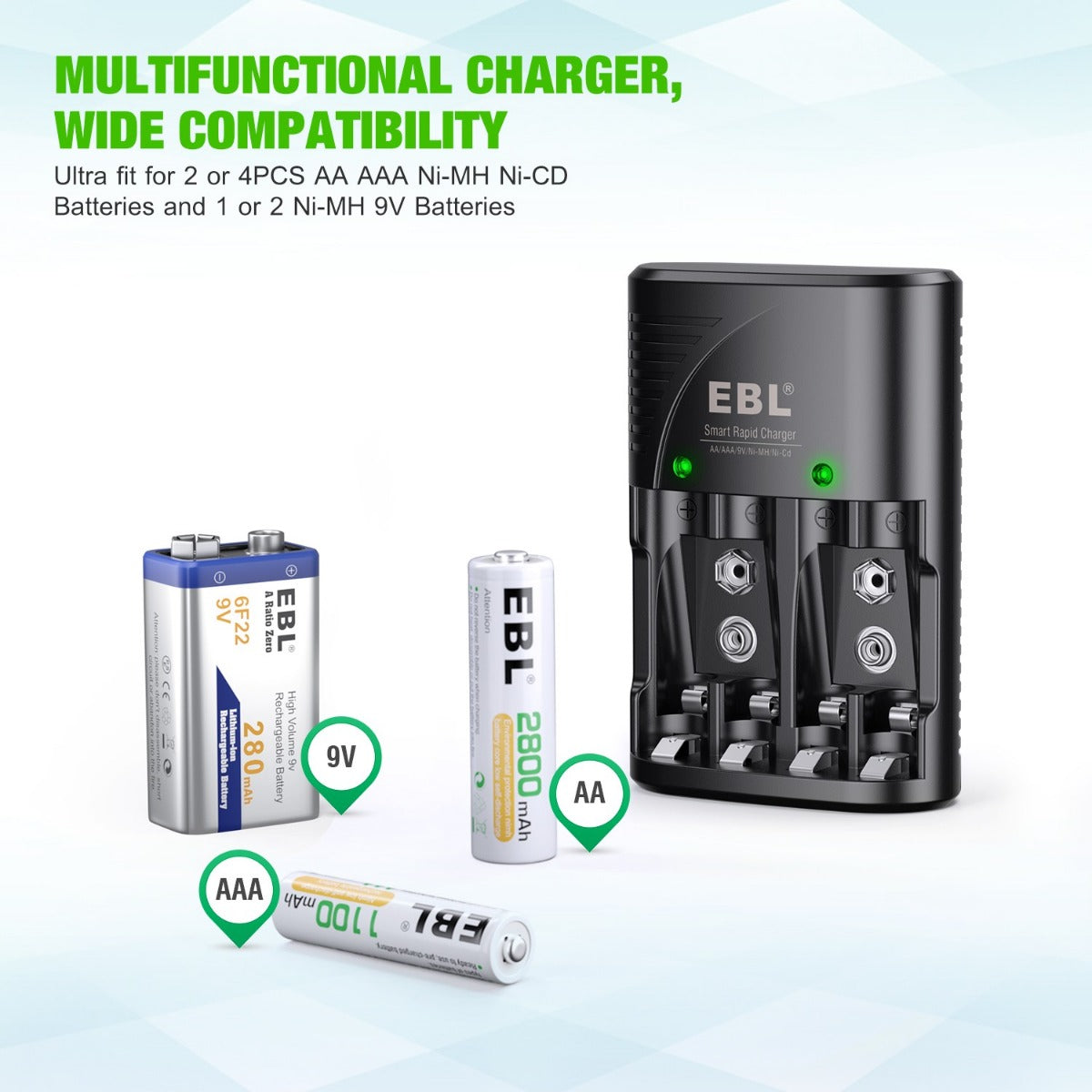 EBL 802 Smart Charger With AA AAA 9V Batteries Kit