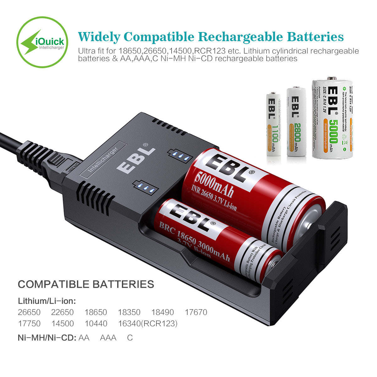 EBL Smart Rapid Battery Charger for Batteries 26650 18650 17500 - EBLOfficial