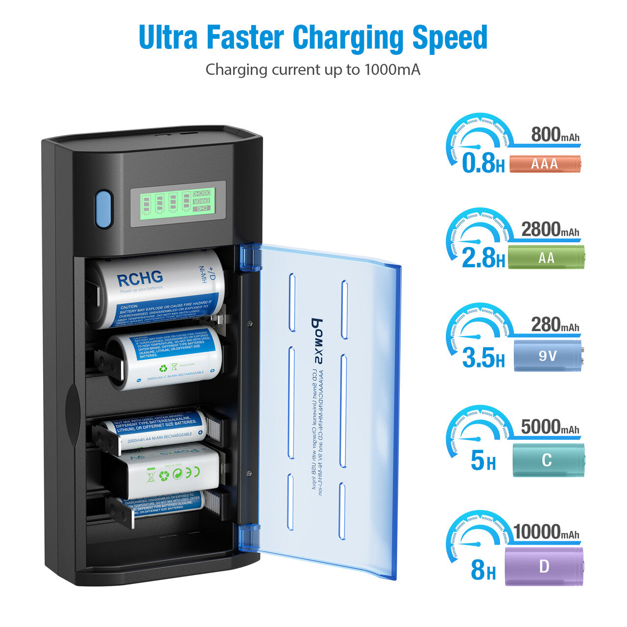 Smart LCD Universal Battery Charger for C D AA AAA 9V Batteries