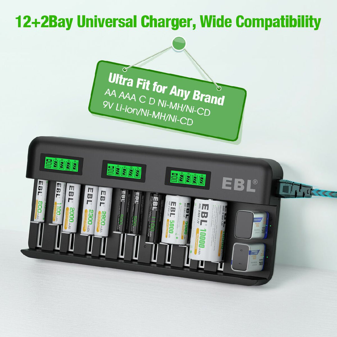EBL D Cells 10000mAh Rechargeable Batteries (8 Counts) with C D 9V AA AAA  Battery Charger 