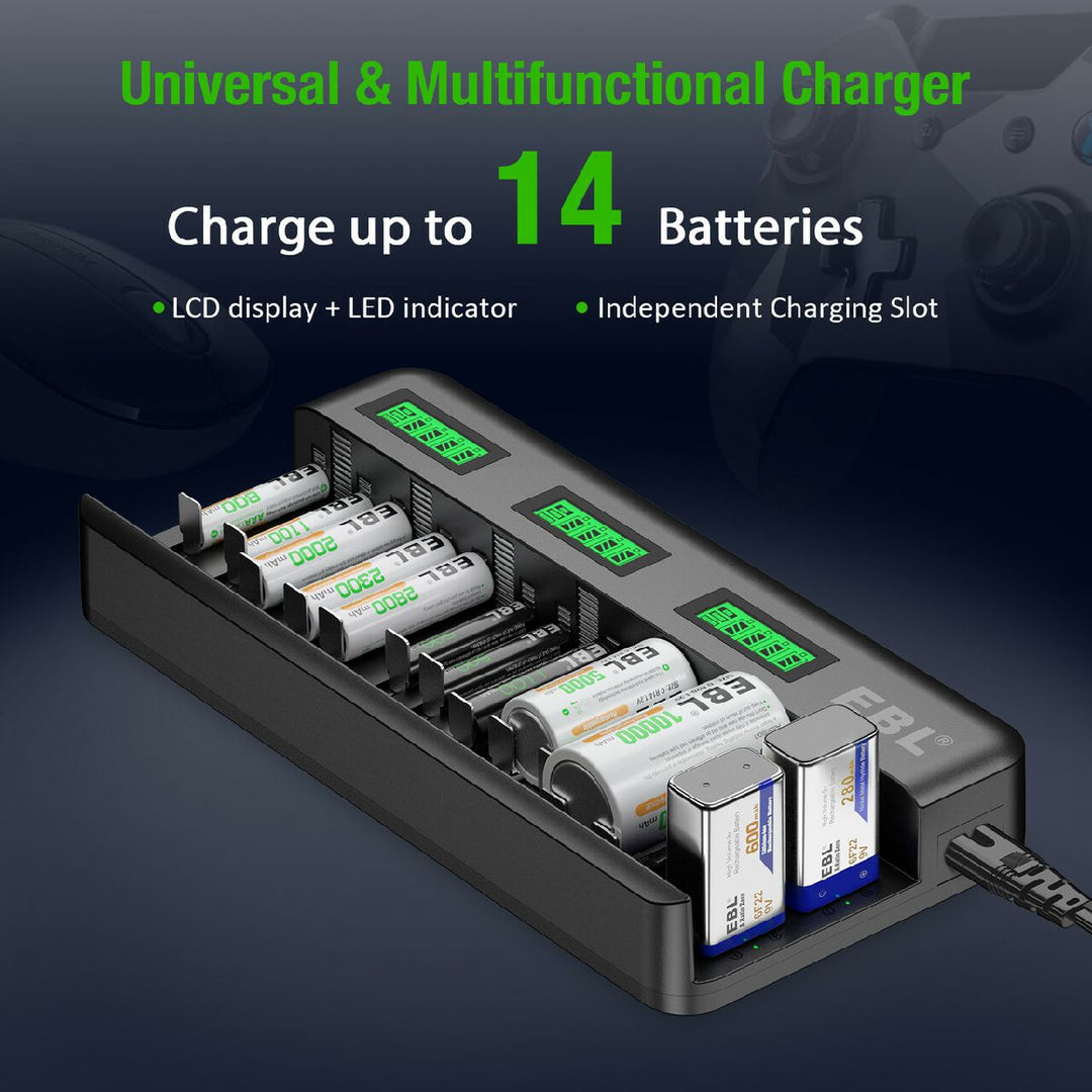 EBL 12+2 Bay Universal Charger and AA AAA C D 9V Batteries – EBLOfficial