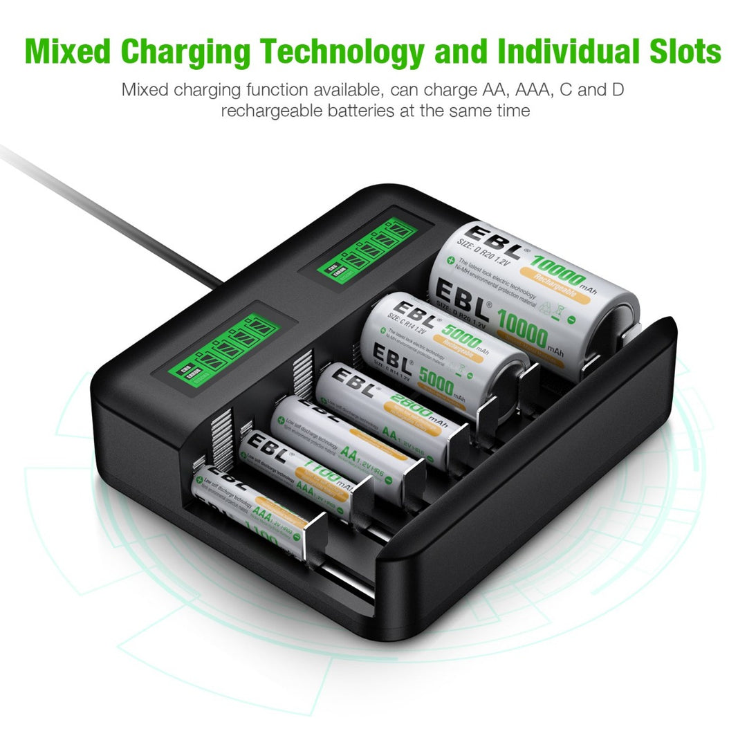 EBL LCD Universal Battery Charger - 8 Bay AA AAA C D for Rechargeable Batteries Ni-MH AA AAA C D Batteries with 2A USB Port, Type C Input, Fast AA AAA