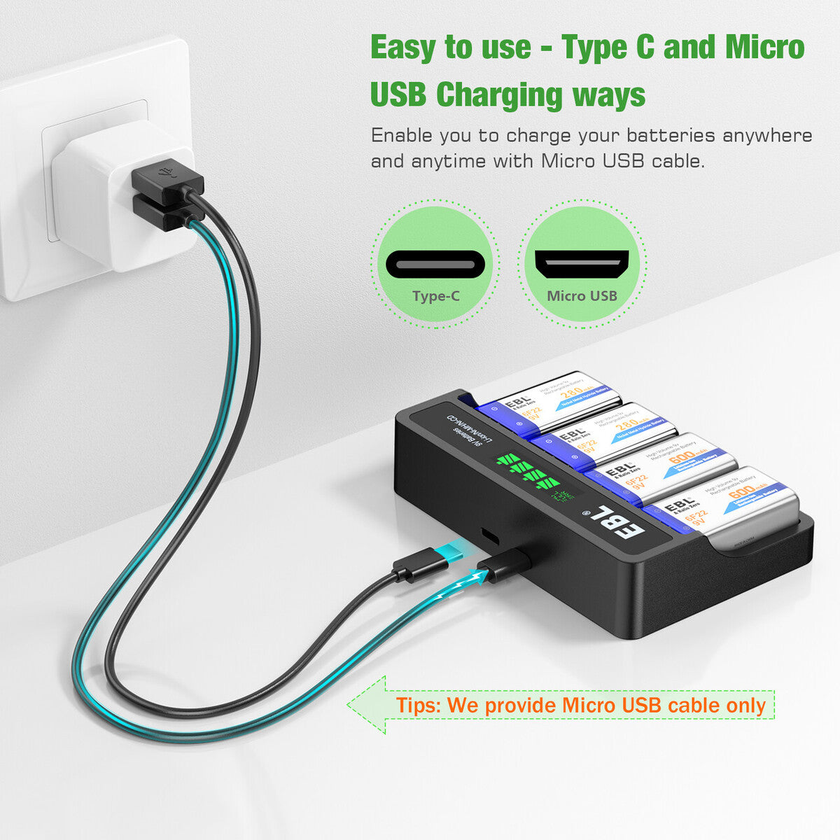 ebl 9 volt battery charger with micro usb