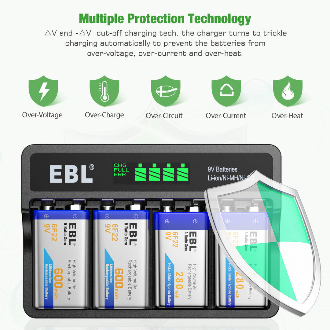 EBL 9V 6F22 Rechargeable Batteries 280/600mAh / AA AAA 9V DC Wall Charger  Lot